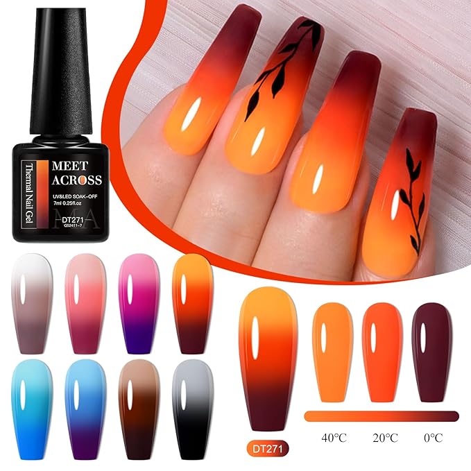 MEET ACROSS Color Changing Gel Nail Polish Set, 8 Pcs Red Orange Blue Coffee Grey Gel Polish Set Temperature Mood Changed Nail Polish Gel Gifts for Women Girl DIY Salon Home Manicure