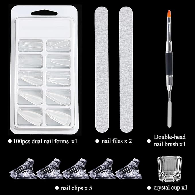Dual Forms For Polygel,100pcs Stiletto Nail Forms For Builder Gel 10 Sizes Clear Poly Gel Nail Tips Acrylic Extension Nail Mold Set With Brush/Clip/File/Crystal Cup,Manicure Kit For Beginner