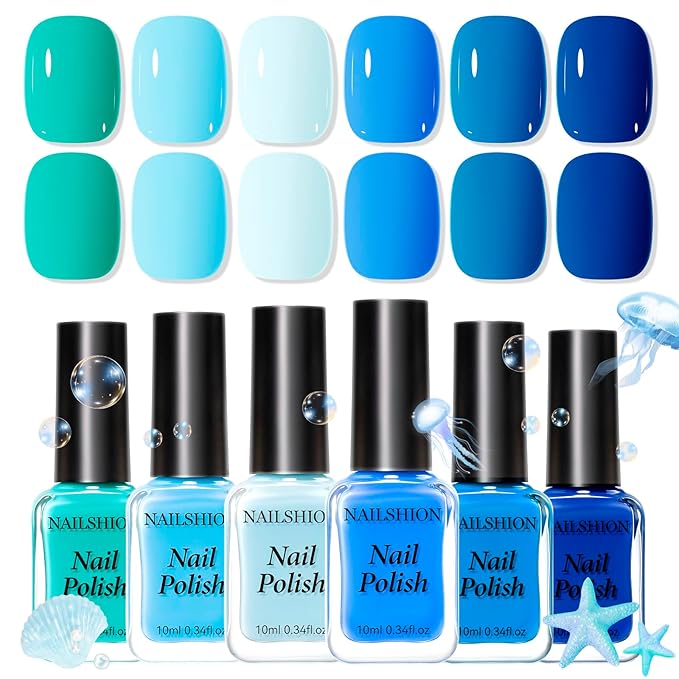Blue Nail Polish Set: 6 Colors Light Blue Dark Navy Teal Ocean Baby B lue Collection Toe Fingernail Polish, Quick Dry Non Gel, High Gloss Shine, Healthy Nail Art DIY Manicure Gift