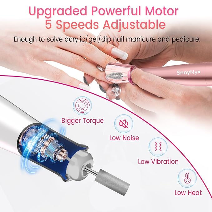 Electric Nail Drill Professional, 35000RPM Cordless Acrylic Nail Kit for Nail Polish Remover, Nail Filer Electric Manicure and Pedicure kit (Rose Pink)