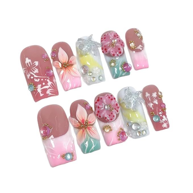 Handmade Press on Nails Square Medium Fake Nails pink Gradient French Tips Nails Press Ons with 3D Floral Design False Nails Luxury Full Cover Glue on Nail for Women Manicure 10Pcs(Size M)