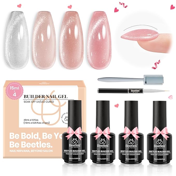 Beetles Builder Gel Kit-Star Cascade 4 Colors 7 in 1 Nail Thickening Strengthening Building Apex with Liner Nail Brush for Beginner DIY Salon at Home,Cat Eye Builder Nail Gel,UV & LED Lamp Needed