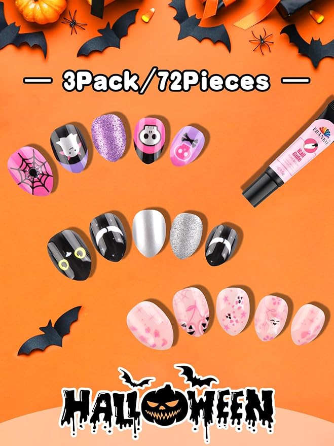 72Pcs Halloween Press on Nails, Fake Nails Full Cover Cute False Nails with Skull Designs Dark Glossy Stick on Nails for Girls Kids with Nail Glue