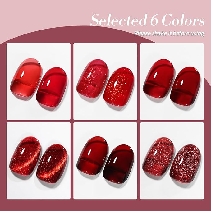 Born Pretty Jelly Red Burgundy Gel Nail Polish Valentine's Day Ruby Blood Red Glitter Cat Magnetic Eye Gel Nail Polish Wine Gel Polish Collection Soak Off U v Led Gel Nail Kit Minicure DIY Gift 6PCS