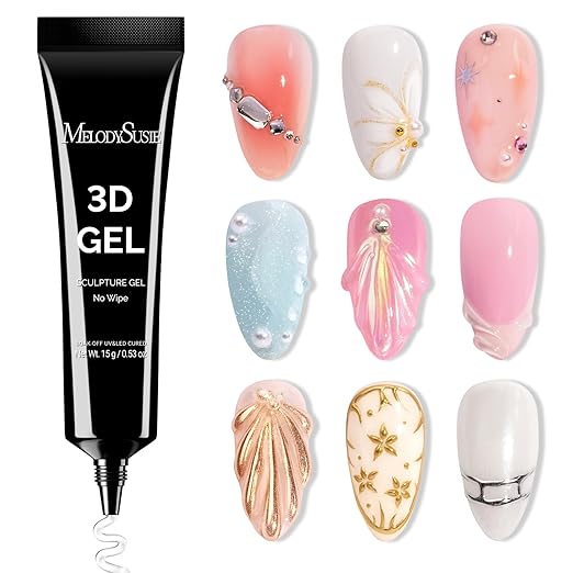 MelodySusie 3D Gel Nail Art, Clear Sculpting Gel No Wipe Nail Art Gel for Molding, Painting, Chrome Powder & Rhinestone Glue, UV/LED Cured 3D Nail Design 15g