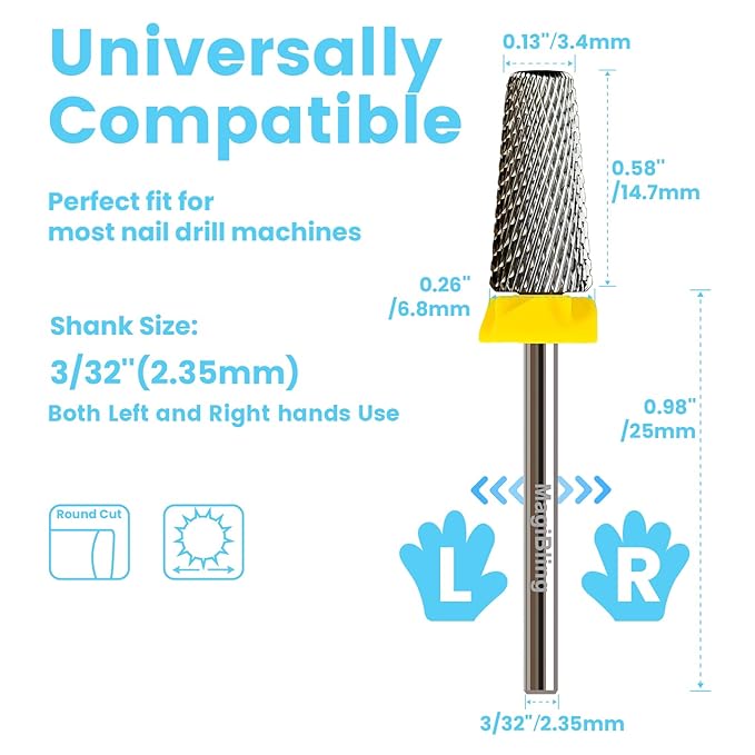 6.6mm Large Tapered Barrel 5-in-1 Nail Drill Bit, 3/32" Safety Cross-Cut Tungsten Carbide Efile Bit for Fast Gel & Acrylic Removal, Two-Way Rotation, Professional Nail Tech & Beginner Bit, Extra Fine.