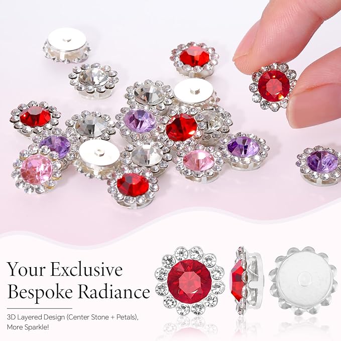 200 Pcs 12MM Sew on Rhinestones Mixed Colors Crystal Glass Metal Base Flower Shape, Flatback Rhinestones for Crafting, Sewing Accessories for Clothes and Shoes (Red)