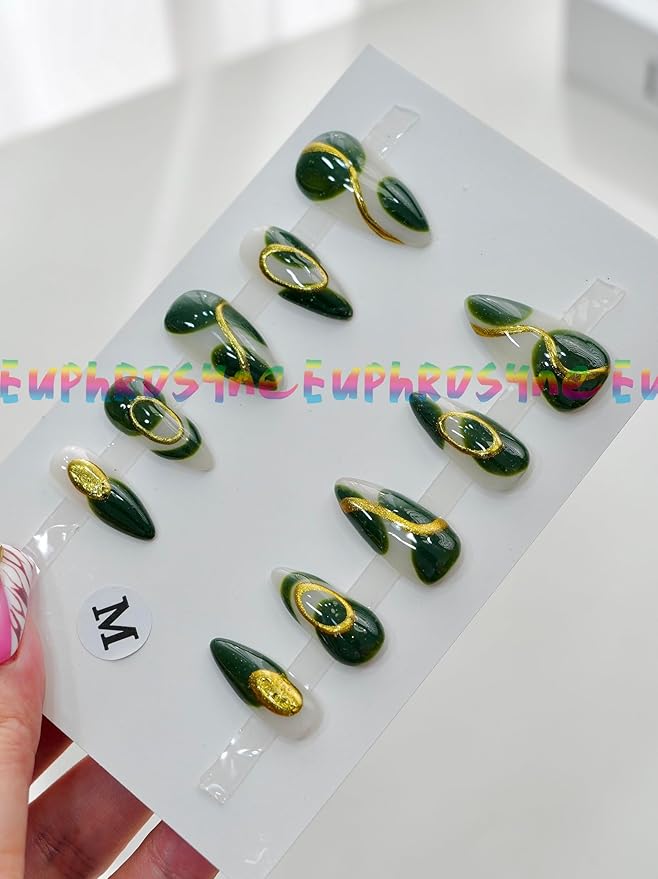 10PCS Black Chrome Press On Nails – Long Stiletto Fake Nails with Gold Metallic Swirl & 3D Waterdrop Design, Glossy Reusable Trendy Nails for Women and Girls – Euphrosyne