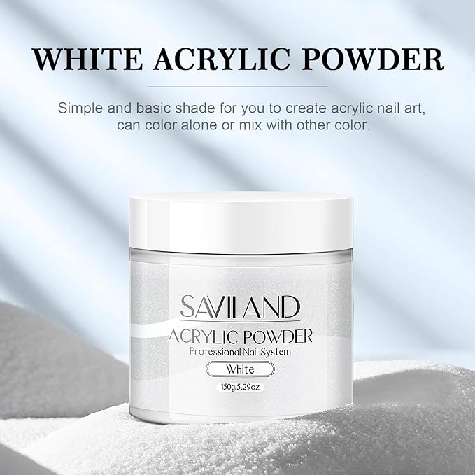 SAVILAND 5.29OZ White Acrylic Powder: Large Capacity Professional Bubble-Free Acrylic Nail Powder Chip-Resistant for Carving Extension French Manicure DIY at Home No Nail Lamp Needed