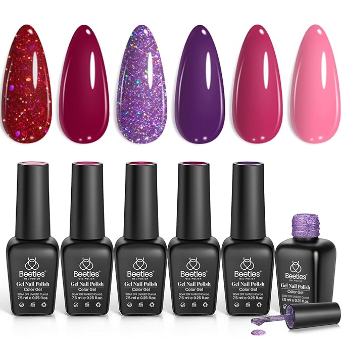 Beetles Gel Nail Polish, 6 Colors Pink Purple Burgundy Red Plum Glitter Gel Polish Ruby Sonatas Collection, Soak Off Uv Lamp Cured Nail Art Design Nails Valentines Gift for Women DIY Manicure