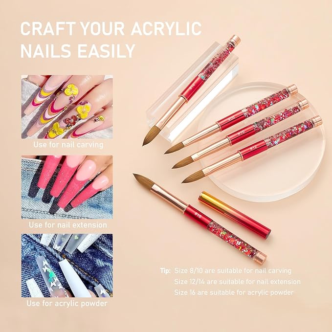 Acrylic Nail Brush Size 14, 100% Real Kolinsky Nail Brush for Acrylic Powder Application, Handmade Women Manicure Nail Extension Tool for Professional DIY Home Salon and Beginner