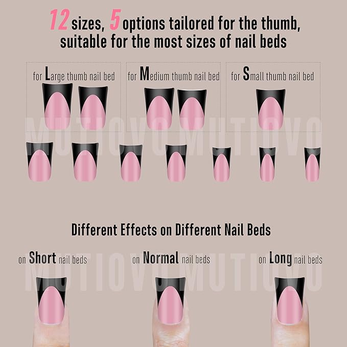 Black French Tip Short Duck Nail Tips Press on, BERRY PINK Extra Thick Pre-designed Soft Gel Nail Extension, Need Builder gel & Top, Coat Full Cover False Nails for DIY x 12 Sizes 240 pcs