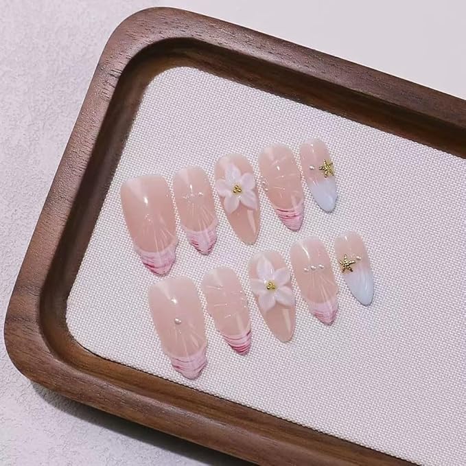 10Pcs Mixed Shape Handmade Press On Nails | Nude Pink with 3D Seashell, Flower & Starfish Decor | Easy to Apply, Remove & Reusable, Salon-Quality (A022, XS)