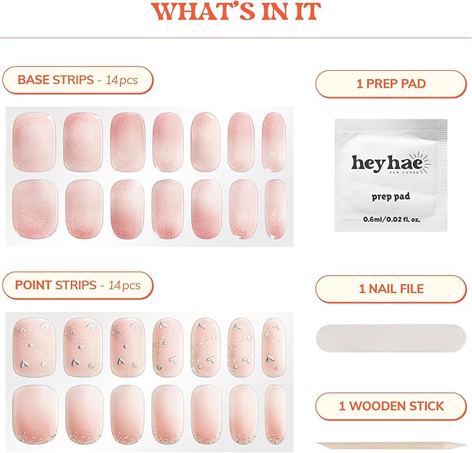Heyhae Semi Cured Gel Nail Strips | No LED Lamp Needed | Glitter, Pink, Spring | Easy Apply & Remove, Salon Quality | Includes 28 Strips, 1 Prep Pads, Nail File & Wooden stick - Hey, I Miss You
