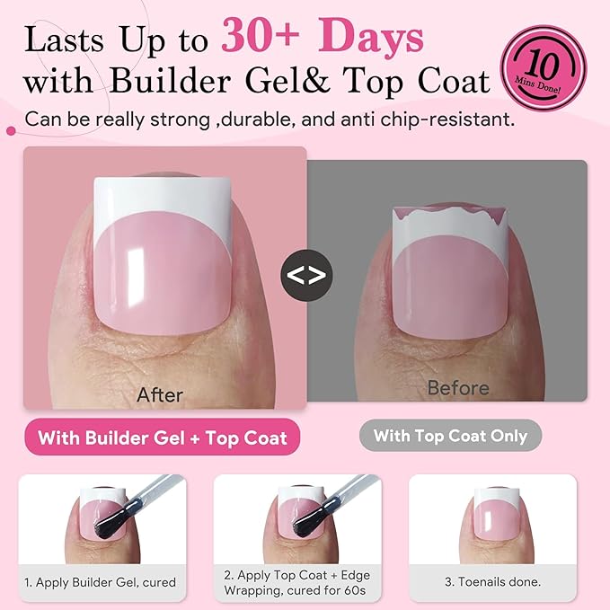 Toe Nails Press On French Tips for Women, 15 Sizes 150 Pcs Sharp Square Pre-applied Primer & Base Coat Toenail Press Ons Baby Pink Full Cover Fake Tips Extension, Builder Nail Gel & Top Coat Required