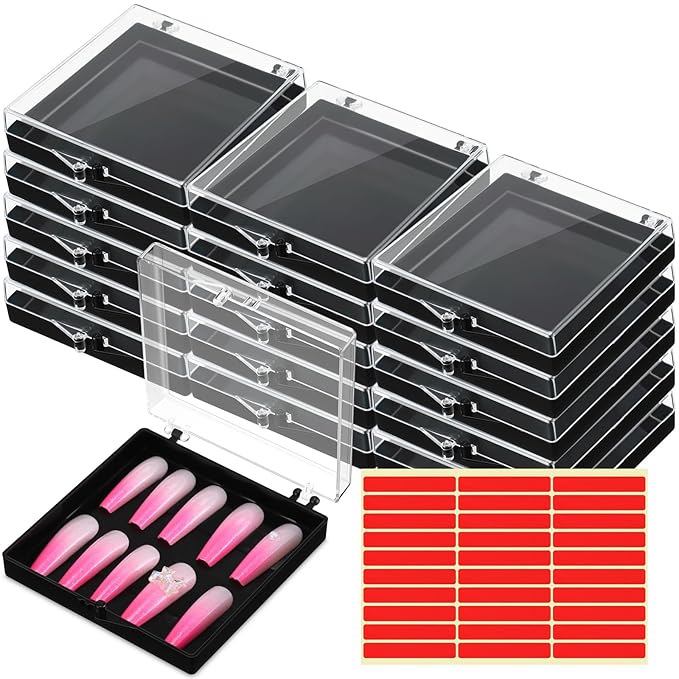 Landhoow 30 Pcs Press on Nail Storage Box with 60 Pcs Adhesive Double Sided Tape Acrylic Artificial False Nail Packaging Display Case Organizer for Home Business Salon Supplies(Black)