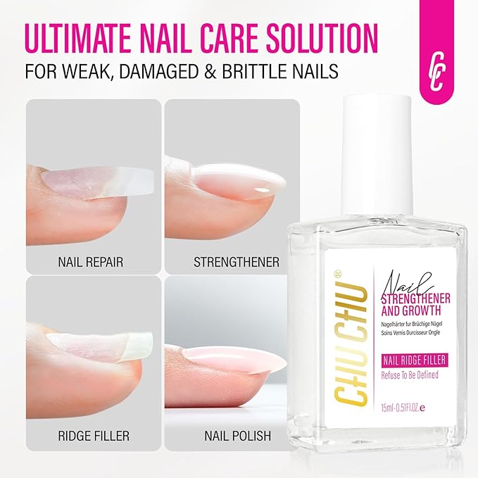 CHUCHU Nail Strengthener Base Coat: Quick Dry Protein Clear Hardener Polish - Repair Ridge Filler for Women Men Beginners Home Salon Gift - 15ML