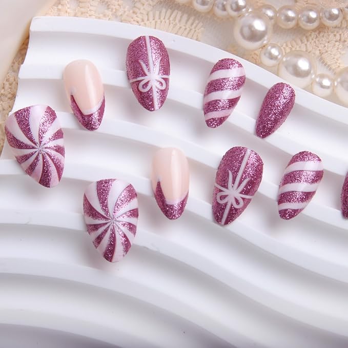 30pcs Shining Purple Short Almond Press On Nails with Candy, Bows, and Hats for Themed Costumes, Reusable Nail Kit with Nail Adhesive Tabs Mini Nail File, 15 Sizes (Purple)
