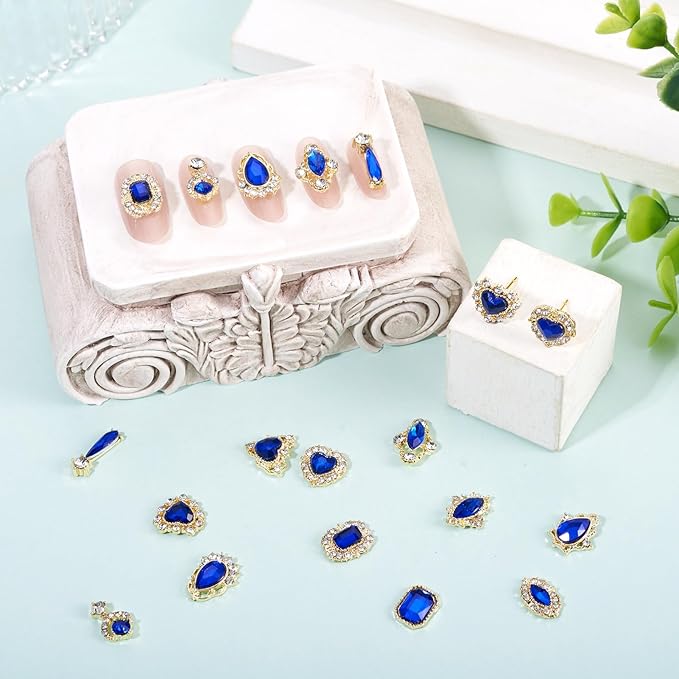 KISSITTY 48pcs Nail Art Rhinestones Flat Back Rhinestone Crystal Cabochons Blue Color Heart Teardrop Rectangle Shape Small Embellishments for Nail Art Craft Decoration Jewelry Making