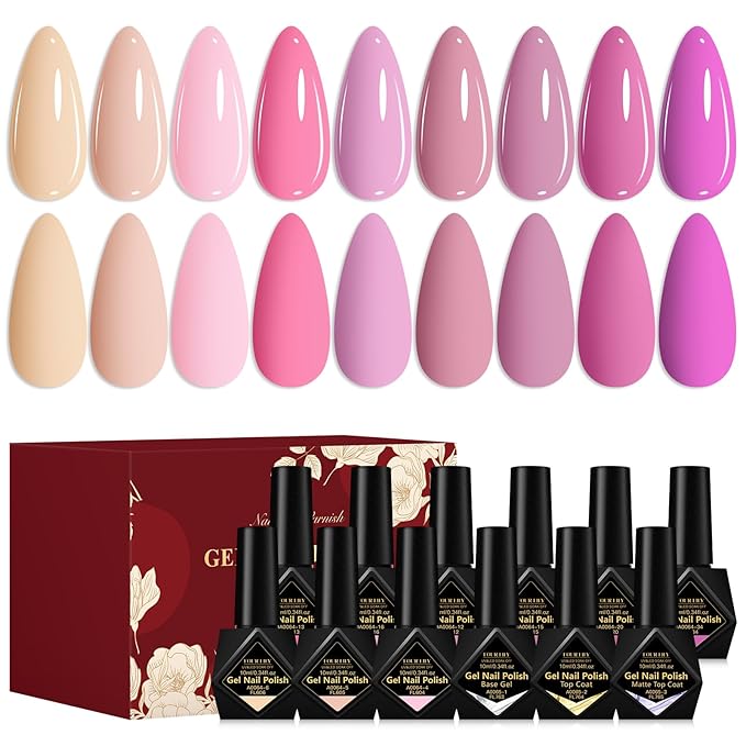 Nail Polish Gel Set, 9 Color Nude Pink Natural Gel Nail Polish Kit, Long Lasting Fast Curing, Soak Off UV Gel Nail Set, Women DIY Nail Salon Home Gift 12 PCS/SET