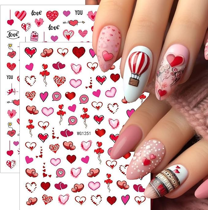 8 Sheets Valentines Nails Stickers 3D Self-Adhesive Heart Nail Art Stickers Cute Cartoon Nail Decals Red Lips Love Balloon Cat Light Cherry Designs Holiday Nails Art Supplies for Women DIY