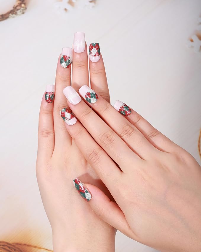 20pcs Christmas Semi Cured Gel Nail Strips - Salon-Grade DIY Wraps with Glaze Texture, Easy Application, UV Light Required for Festive Nails(Christmas Glitter Argyle Nails)