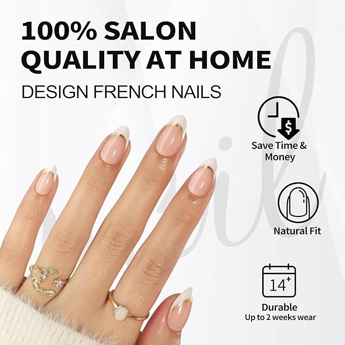 White French Tip Press on Nails with Gold Line Design - Soft Gel Almond Press on Nails Short for Women, Glossy Glue on Nails with Glue in 16 Sizes - 32 Reusable Fake Nails, Gold Ribbon