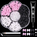120 Pcs 3D Nail Bow Charms + 2-4mm Nail Pearls Set 8, Pink White Black Bow Nail Charms and White Flatback Pearls with Nail Charm Glue Gel(UV Needed) and Pickup Tools for Nail Art Decoration, Small