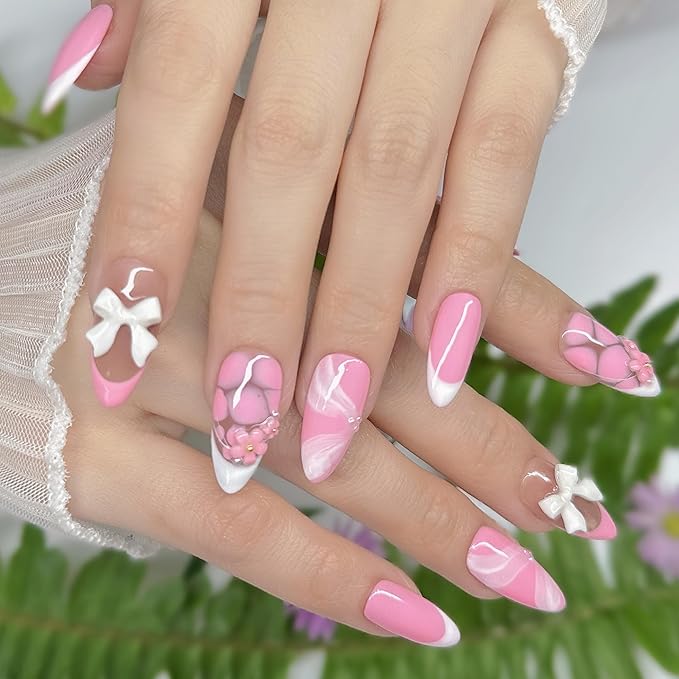 Handmade Press On Nails Medium Almond Baby Pink with White French Tip, Flower 3D Bow & More | Reusable Soft Gel Nails in 12 Sizes-24 Nail & Kit with Glue | Designed in L.A | Rosy Whispers