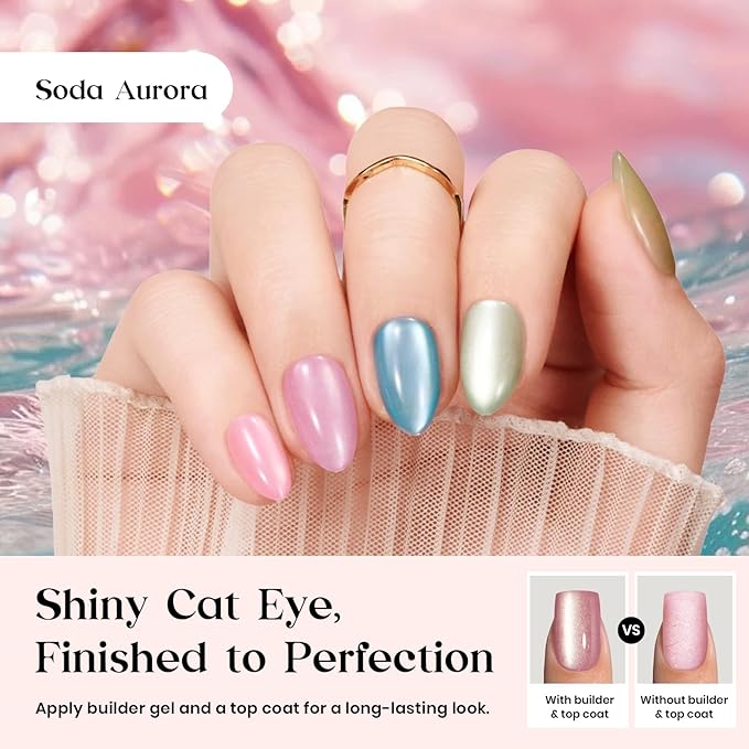 Beetles X Press Cat Eye Nails - Soda Aurora | 7 Colors Short Almond Press On Nails | 16 Sizes 224 Pcs Natural Salon Quality Soft Nail Gel Art DIY For Women
