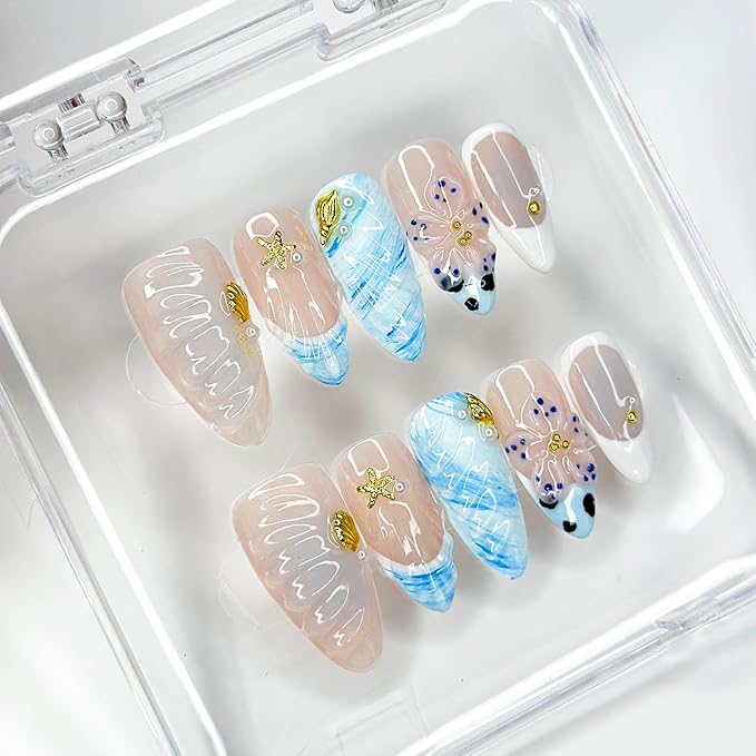 Luxury Press On Nails Medium Almond Handmade 3D Unique Reusable ABS Material False Nails Blue with Designs Starfish Floral Art Petal Glossy Glue on Nails Thick Acrylic Nails (10 Pieces, 1 Set)