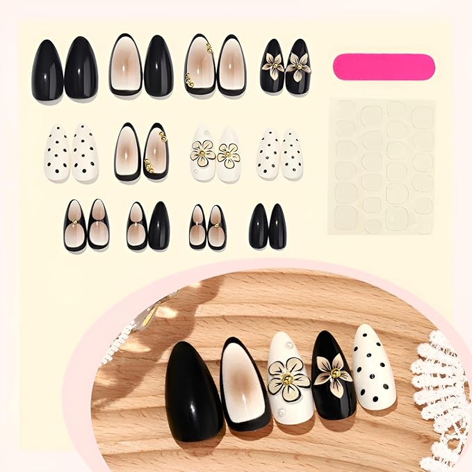 24Pcs Medium Almond Press on Nails 3D Flower Fake Nails White Black False Nails with Gold Rhinestones Design Polka Dot Nails Press Ons Glossy Glue on Nail Gradient Stick on Nail for Women