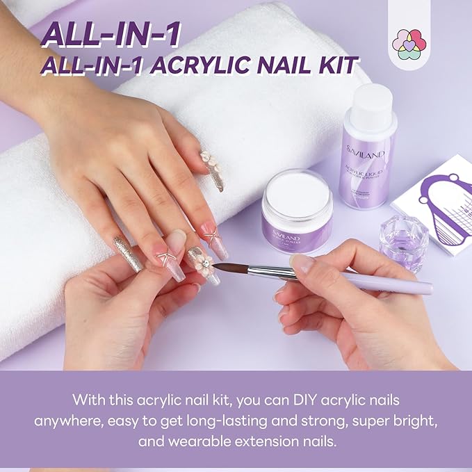 SAVILAND Acrylic Nail Kit Starter Set: 30g Clear Acrylic Powder and Liquid Set with Size 12 Nail Brush Forms Tools Extension Nail Kit for Beginners with Everything Home DIY Salon Manicure