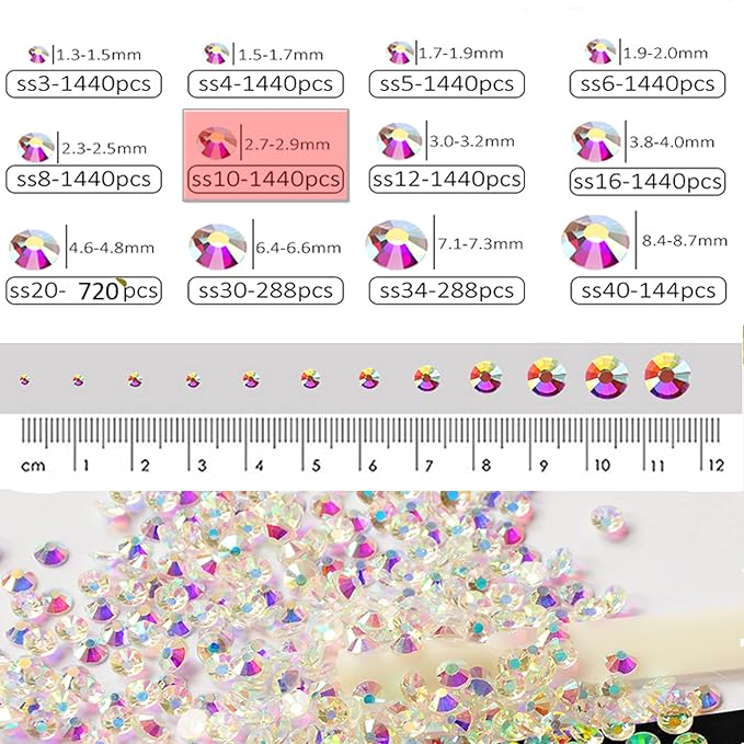 Dowarm 1440 Pieces SS10 Flatback Rhinestones, 2.8MM Flatback Crystal Rhinestones for Craft, Nails, Dance Costumes, Non Hotfix, Transparent AB