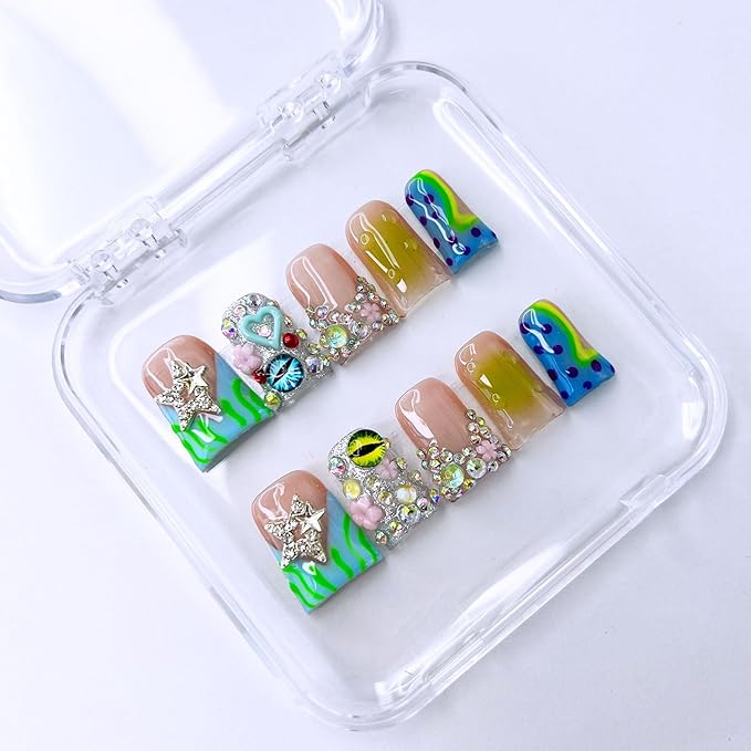 10 Pcs Handmade Duck Press on Nails Short Design 3D Stars Colorful Fake Nails Full Cover Thick French Tip False Nails with Rhinestone Acrylic Reusable Stick on Nails for Women DIY Decoration（Size M）