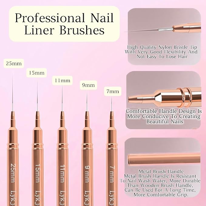 5pcs Nail Art Liner Brushes,Liner Brush For Nails Gel,Painting Art Design Brush Set Nail Dotting Drawing Tool For Long Lines, Thin Details, Fine Drawing Sizes 7/9/11/15/25mm（Rose Golden）