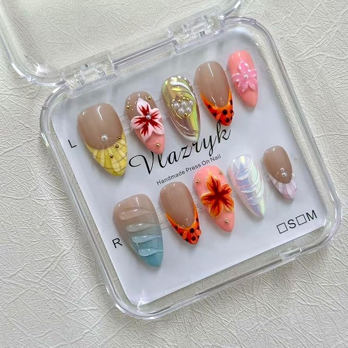 Handmade Press On Nails - Luxury Medium Almond Acrylic Nails with 3D flowers & Rhinestone Reusable Fake Nails, Elegant French Tip Contrast Color Design Nail Art for Women(10PCS)