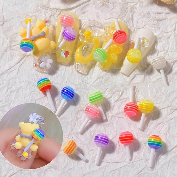 40pcs Rainbow Lollipop Pop Nail Charms Set，0.2" Colorful Candy Sweets Nail Art 3D Ab Crystal Nails Accessories Decoration for Women Girl