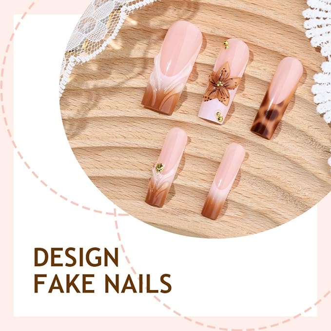 Long Square Press on Nails Fake Nails Artificial Nail Stick on Nail for Women Chic Brown & Gold Design with 3D Flowers, Leopard Print, and Gold Dots 24Pcs