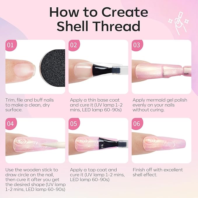 modelones Pearl Gel Nail Polish Set, 6 Colors Ocean Shimmer White Hot Pink Purple Blue Green Mermaid Glitter Gel Polish Soak Off Nail Drawing Swirl Shell Thread Effect DIY Gift