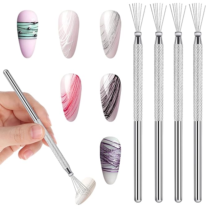 4 Pcs 7 Pin Nail Liner Art Brush, Stainless Steel Stripe Lines Nail Art Tool Pen Ultra-fine Bendable Pin Nail Manicure Tool Modeling Brush for Nail Gel Art Line Drawing Painting
