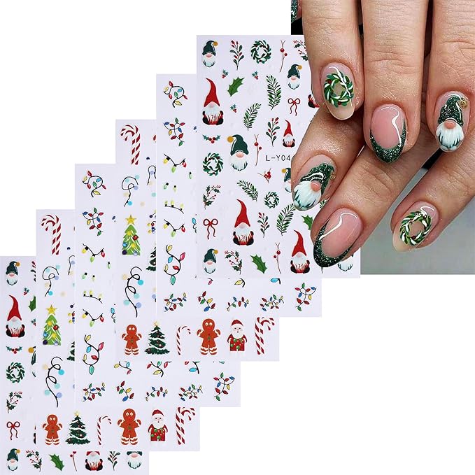 Christmas Nail Stickers for Nail Art Cute Santa Claus Xmas Nail Art Stickers Colored Lights 5D Embossed Winter Nail Decals 3D Self-Adhesive Nails Supply Manicure Sliders for Nails Decoration 6 Sheets