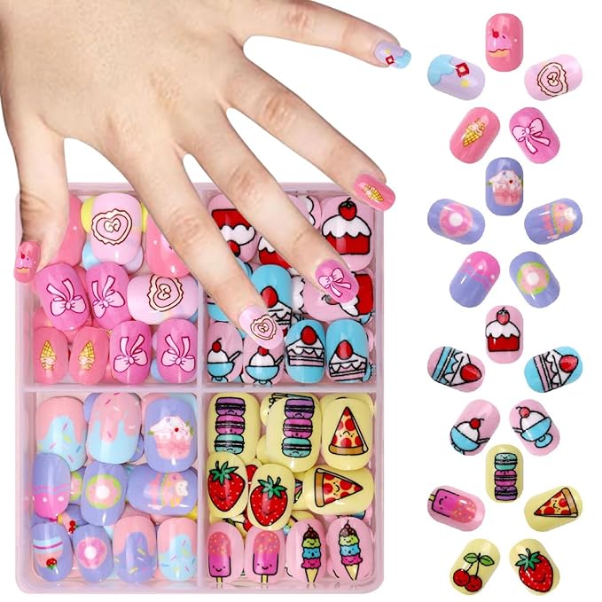 96Pcs 4 Packs Cute Short Press on Nails for Girls 4 Styles 12 Sizes Press on Nails for Kids Press ons with Dessert Bow Fruit Food Designs Full Cover Acrylic Nails for Little Girl Gift DIY Manicure