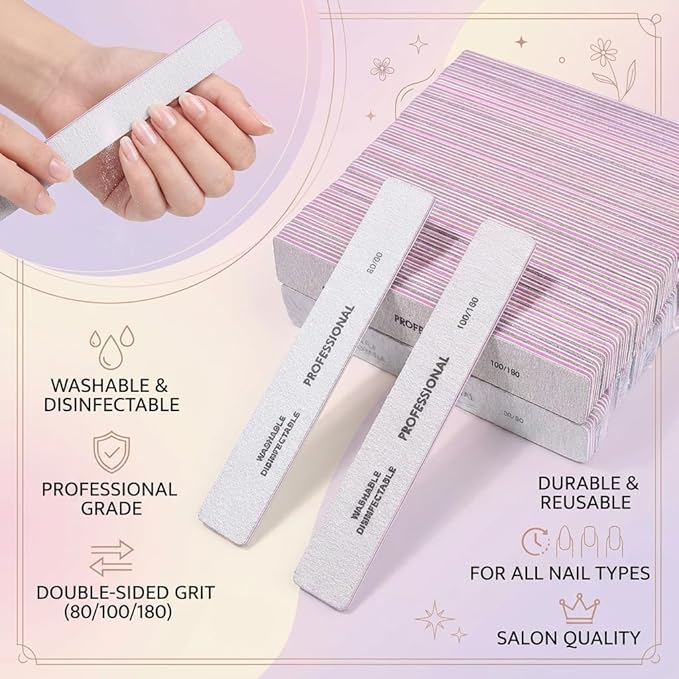 25PCS Professional Rectangular Emery Board Nail Files, 100/180 Grit Dual-Sided Buffer, Reusable Nail Filing Tools for Natural & Acrylic Nails, Home & Salon Manicure Supplies