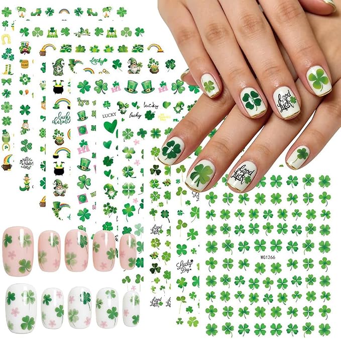 10 Sheets St. Patrick's Day Nail Art Stickers Green Shamrock Nail Stickers 3D Self-Adhesive Spring Nail Decals Four-Leaf Clover Rainbow Gnome Hat Designs Lucky of Irish Nail Decorations for Women DIY