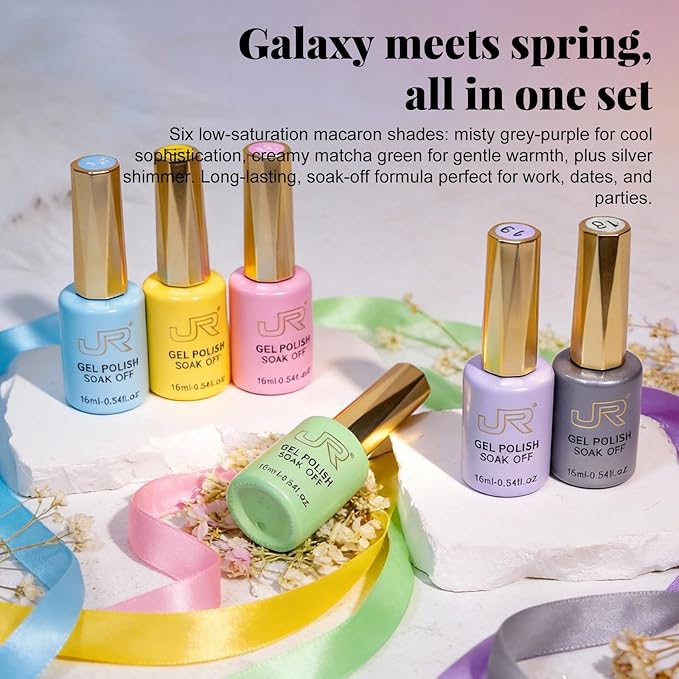 JR Gel Nail Polish Set, 16ml Full Size Bottle 6 Colors Macaron Silver 9D Cateye Nail Gel Polish Gift Soak Off Led Nail Art Kit Salon DIY Colorful Bottle C
