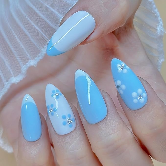 Handmade Press On Nails Medium Almond Pastel Blue White Flower with French Tip|Reusable Soft Gel Nails in 12 Sizes -24 Nail & Kit with Glue|Designed in L.A,Hand Painted in Vietnam|Fleur de Sky