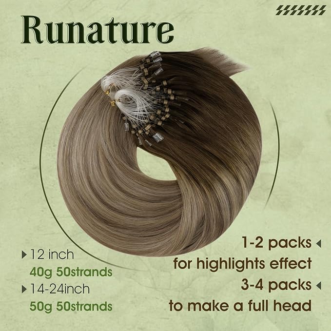RUNATURE Micro Bead Hair Extensions Real Human Hair, Invisible Microlink Hair Extensions, Balayage Brown Roots Micro Ring Human Hair Extensions, Pre Bonded Extensions, Soft Remy Hair, 22 Inch 50g/50s