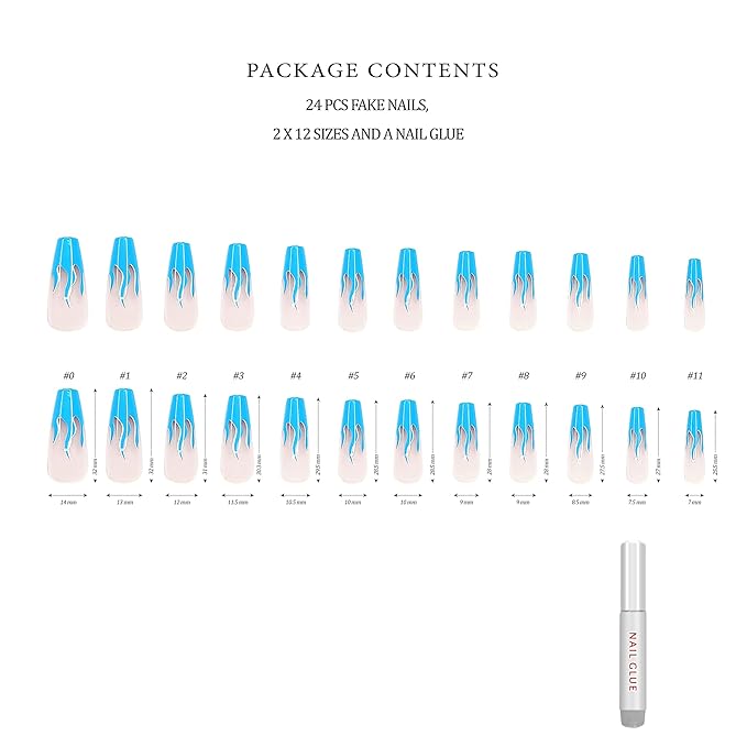 Hypnaughty 24 Pcs Blue Wildfire Fire Flames Extra Long Coffin Press On Nails with Design and Glue XL Nude Pink Nails with French Fire Flames (Blue Wildfire Extra Long)