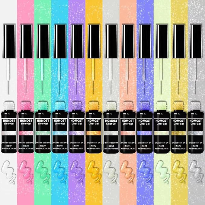 Liner Gel Nail Art Polish 12 Colors Set, Pearl Colors Painted Liner Gel Nail Polish Kits Acrylic Nail Art Line Drawing LED Required